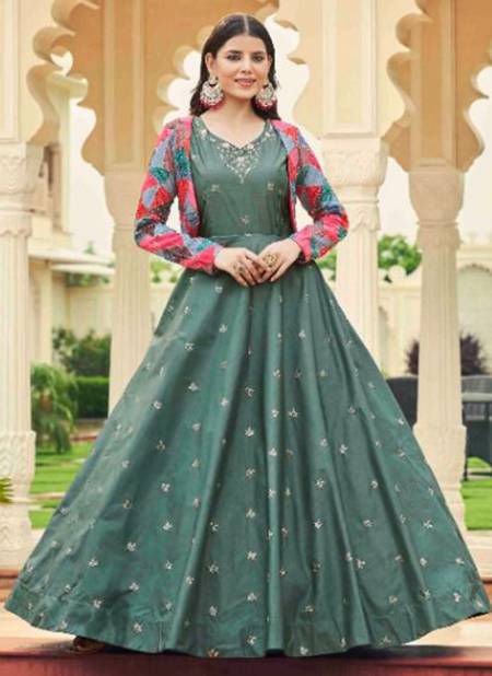 Dusty Green Colour Flory Vol 22 Shubh Kala New Latest Designer Festive Wear Cotton Anarkali Gown With Koti Collection 4762